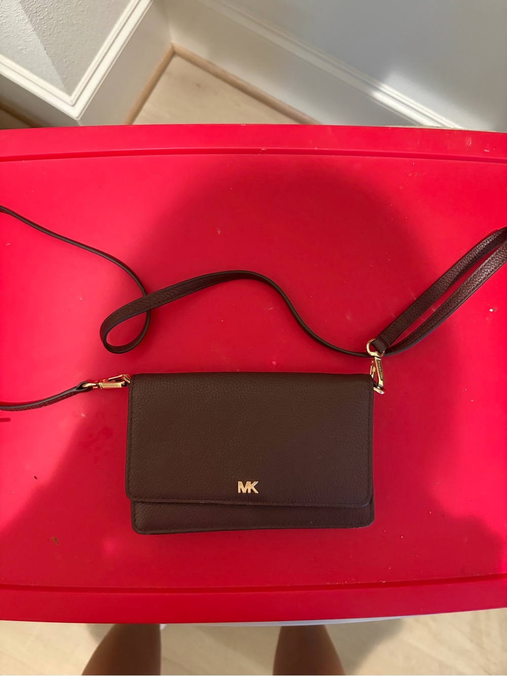 Michael Kors Dark Brown Leather Crossbody with Gold MK Logo